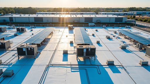 Commercial building with rooftop solar installation and backup power systems, urban commercial district, modern architecture