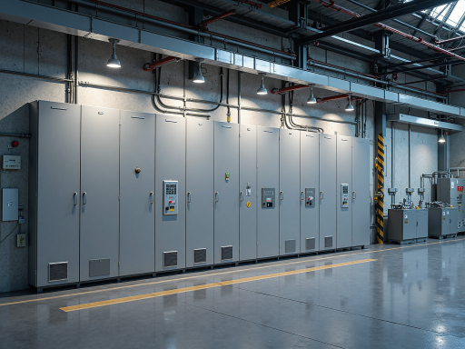 Commercial integrated energy storage system with large capacity, industrial facility background, advanced control panel