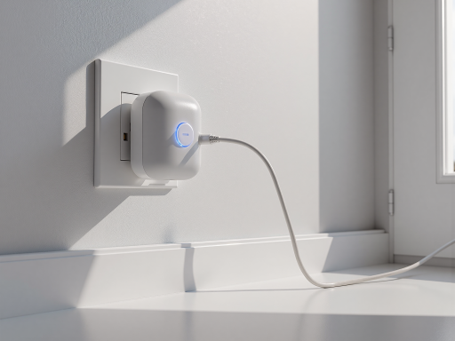 Residential household energy storage system with compact design, white housing, LED indicators, home interior background