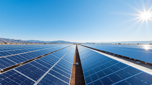 Off-grid mining operation with solar panels and battery storage systems, industrial setting, heavy machinery, sunny outdoor environment