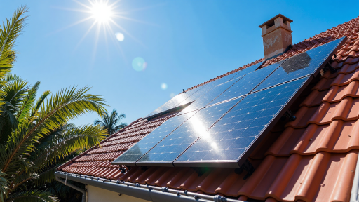 Rural village with solar installations and community power infrastructure, agricultural setting, traditional houses, green fields
