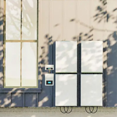 Residential household energy storage system with compact design, white housing, LED indicators, home interior background